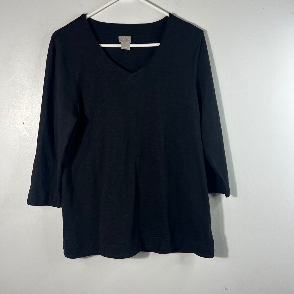 Womens Chicos Cotton Slub V Neck 3/4 Sleeve Tee Top Basic Knit Black M‎